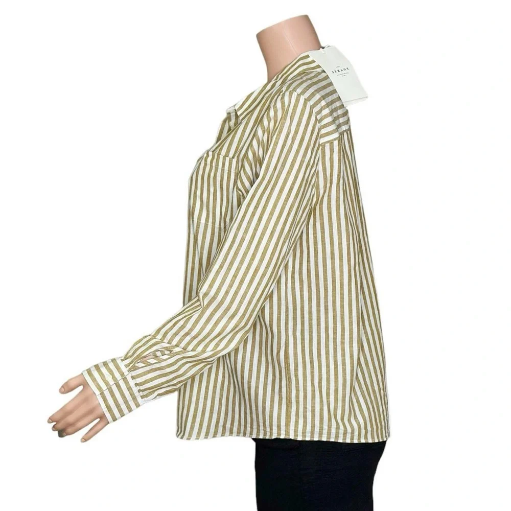 SÉZANE Tomboy Linen-Blend Shirt, Ecru Camel Stripe, FR42_8